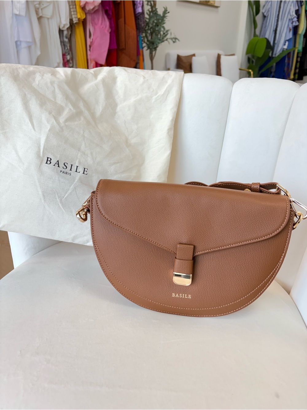 Brown Pebbled Leather Crossbody Saddle Bag